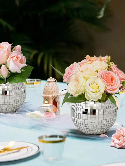 Silver disco ball round glass vase planter set living room decor