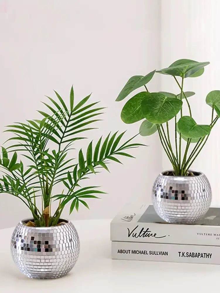 Silver disco ball round glass vase planter set living room decor