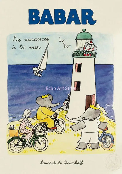 Elephant babar family yoga poster for kids room