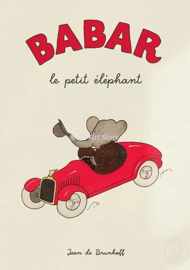 Vintage elephant in red car kids canvas wall art bedroom decor