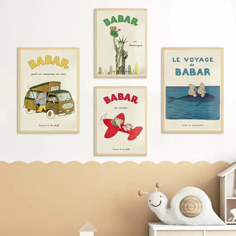 Vintage elephant in red car kids canvas wall art bedroom decor