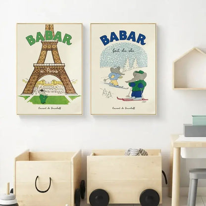 Vintage elephant in red car kids canvas wall art bedroom decor