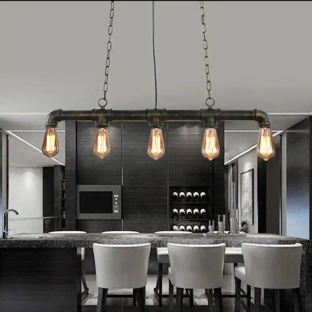 Industrial elongated pipe island light dining room 5 head fixture