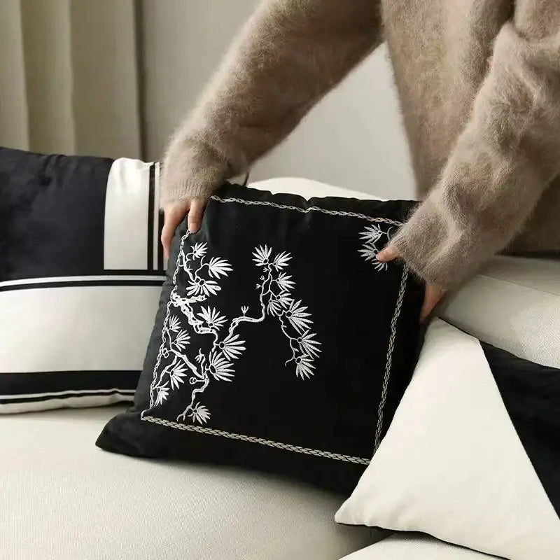 embroidered black & white cushion cover living room pillow