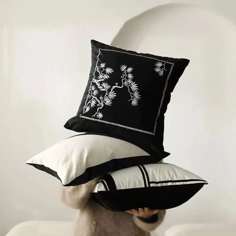 embroidered black & white cushion cover living room pillow