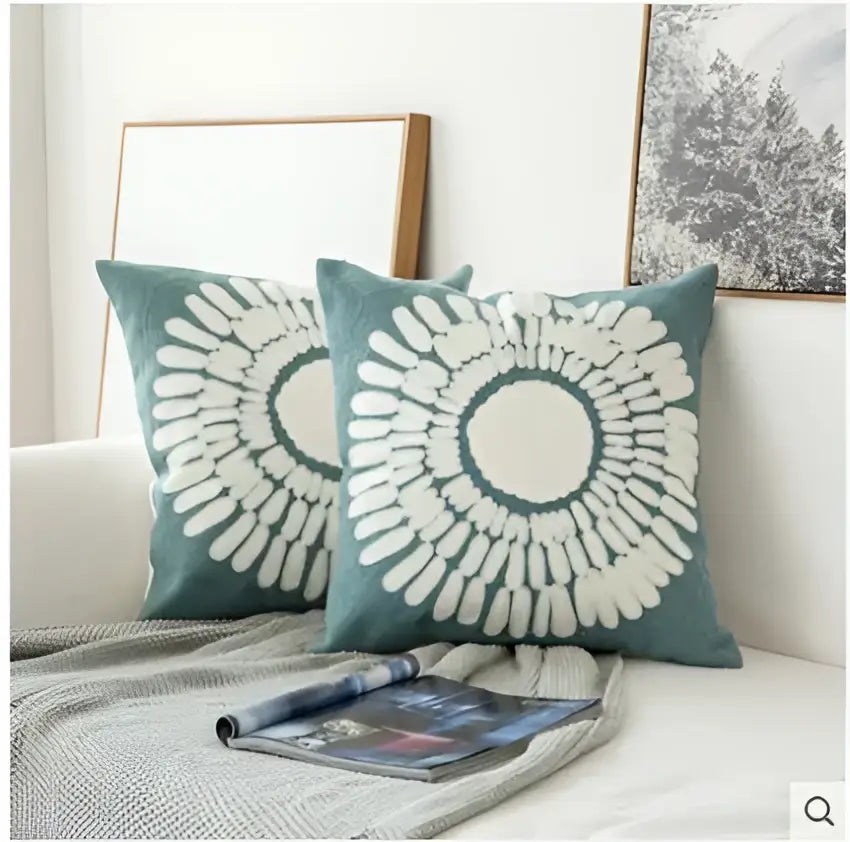 embroidered blue teal & white cushion cover living room