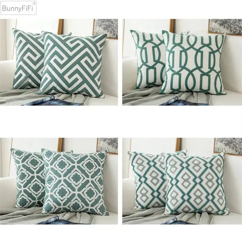 embroidered blue teal & white cushion cover living room