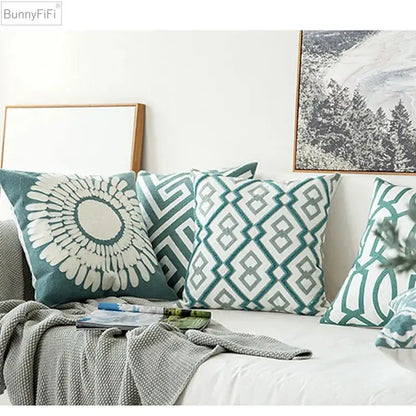 embroidered blue teal & white cushion cover living room