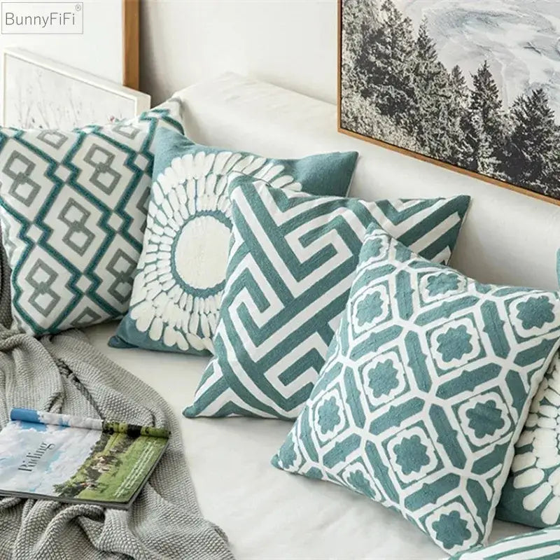 embroidered blue teal & white cushion cover living room