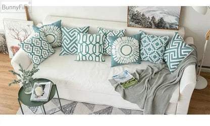 embroidered blue teal & white cushion cover living room