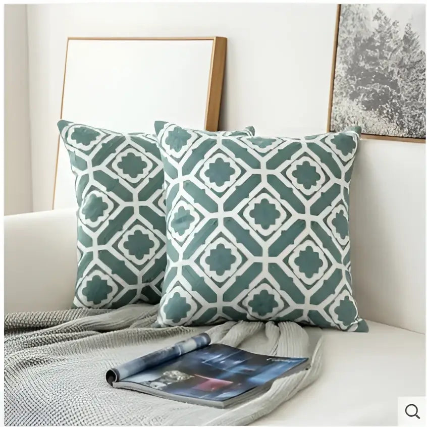 embroidered blue teal & white cushion cover living room