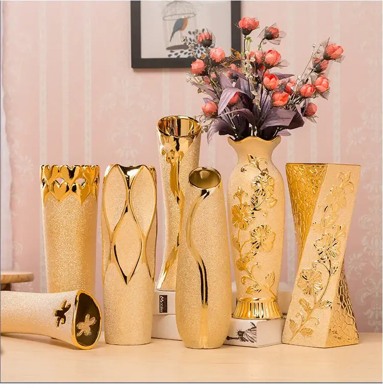 Floral gold & cream ceramic vase set living room home decor