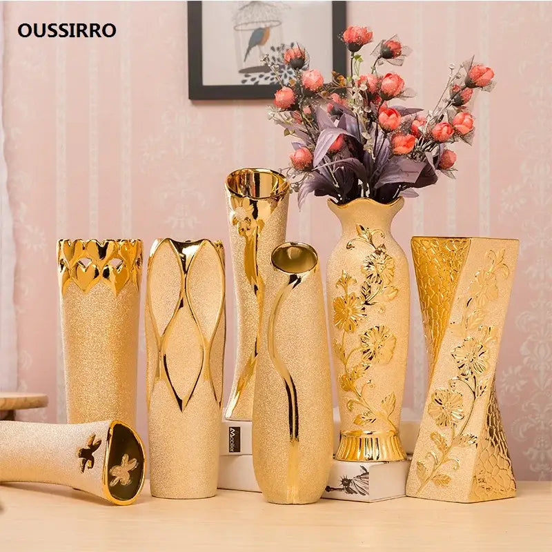 Floral gold & cream ceramic vase set living room home decor