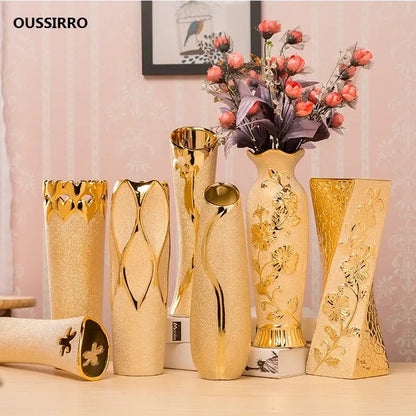 Floral gold & cream ceramic vase set living room home decor
