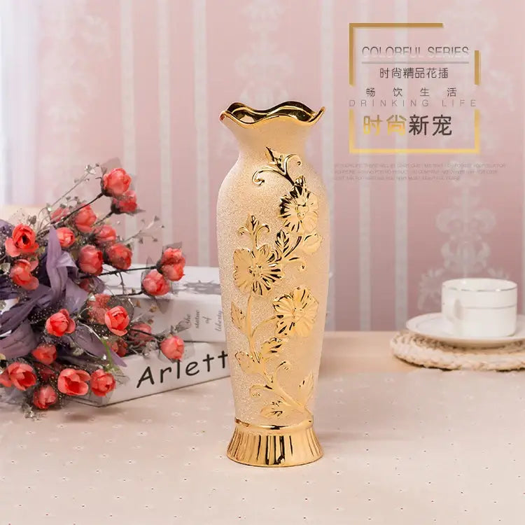 Floral gold & cream ceramic vase set living room home decor
