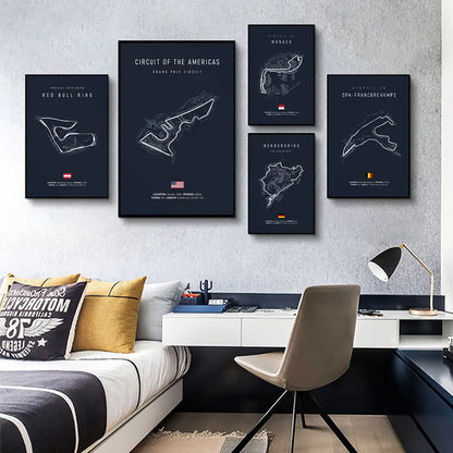 Minimalist black nürburgring circuit canvas wall art for living room