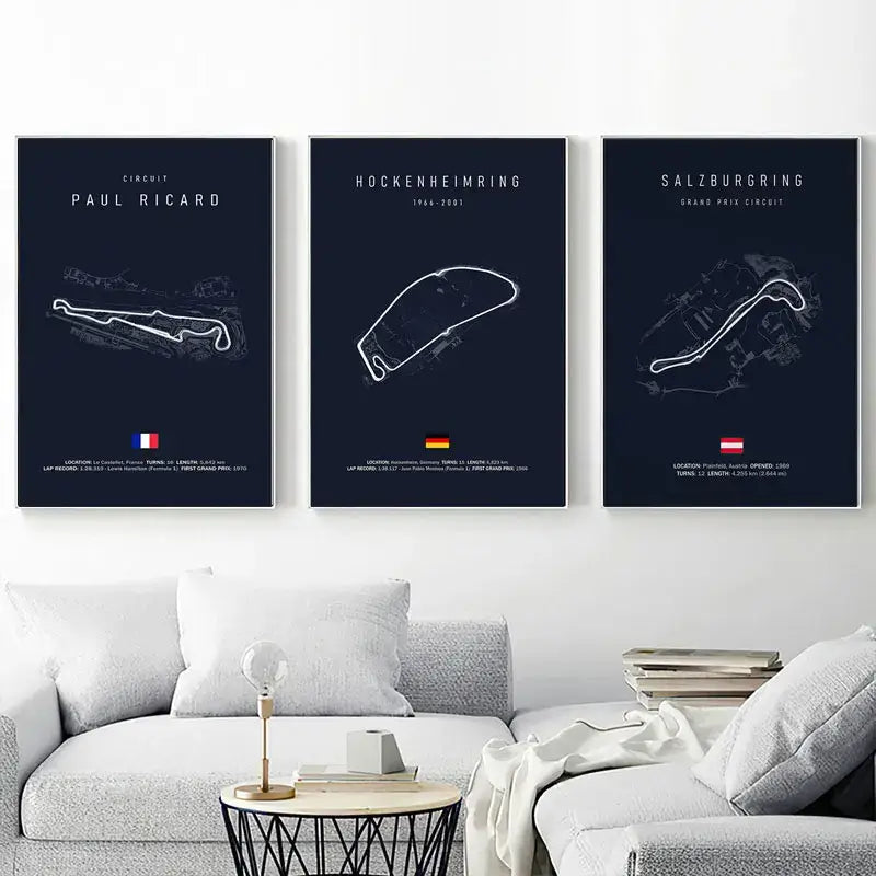 Modern blue and white paul ricard imola track canvas bedroom art