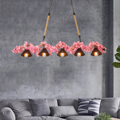 Rustic brown and pink cherry blossom island pendant light dining room