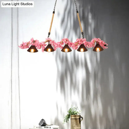 Rustic brown and pink cherry blossom island pendant light dining room