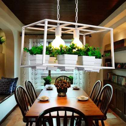 White rectangle island lamp with integrated plants for living room