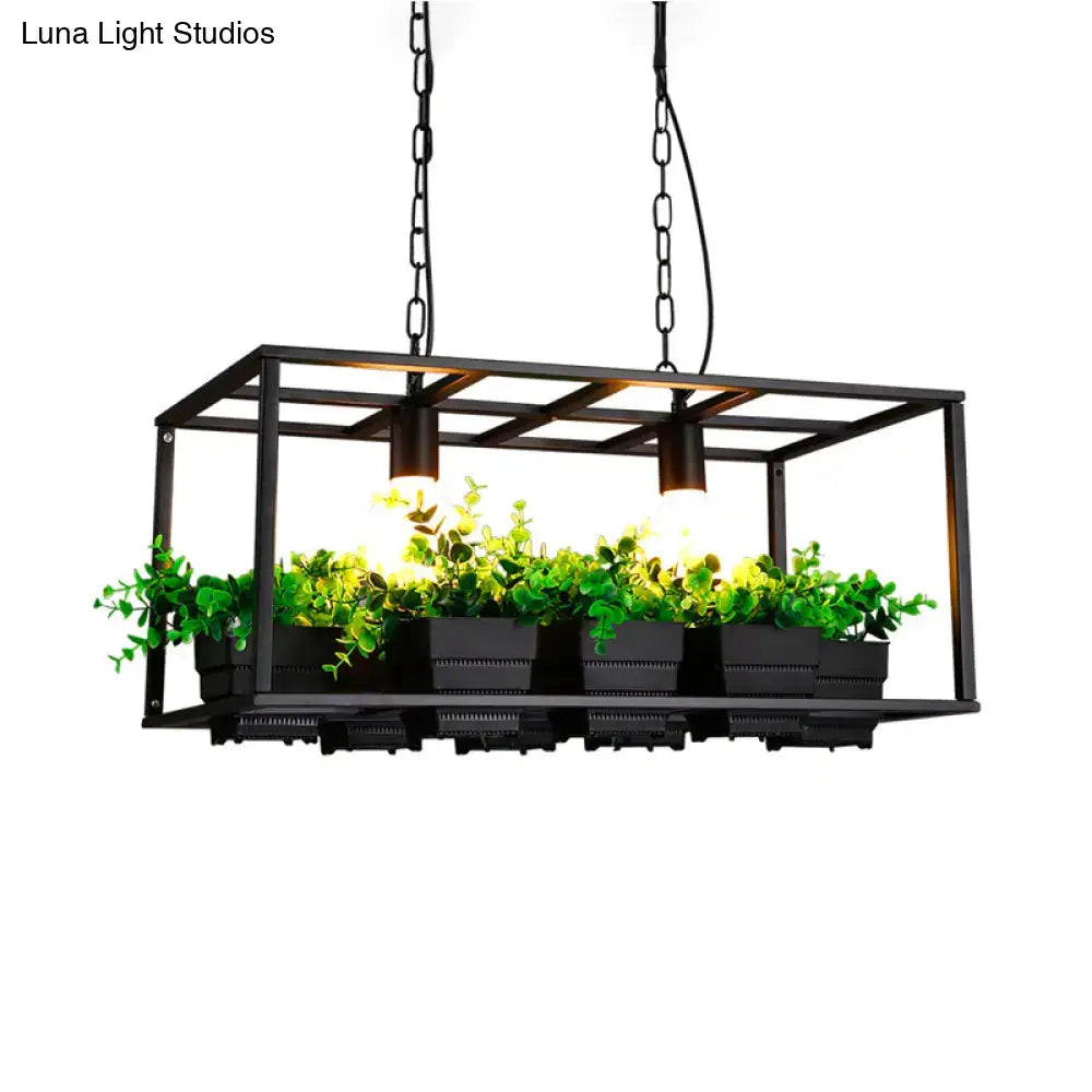 White rectangle island lamp with integrated plants for living room