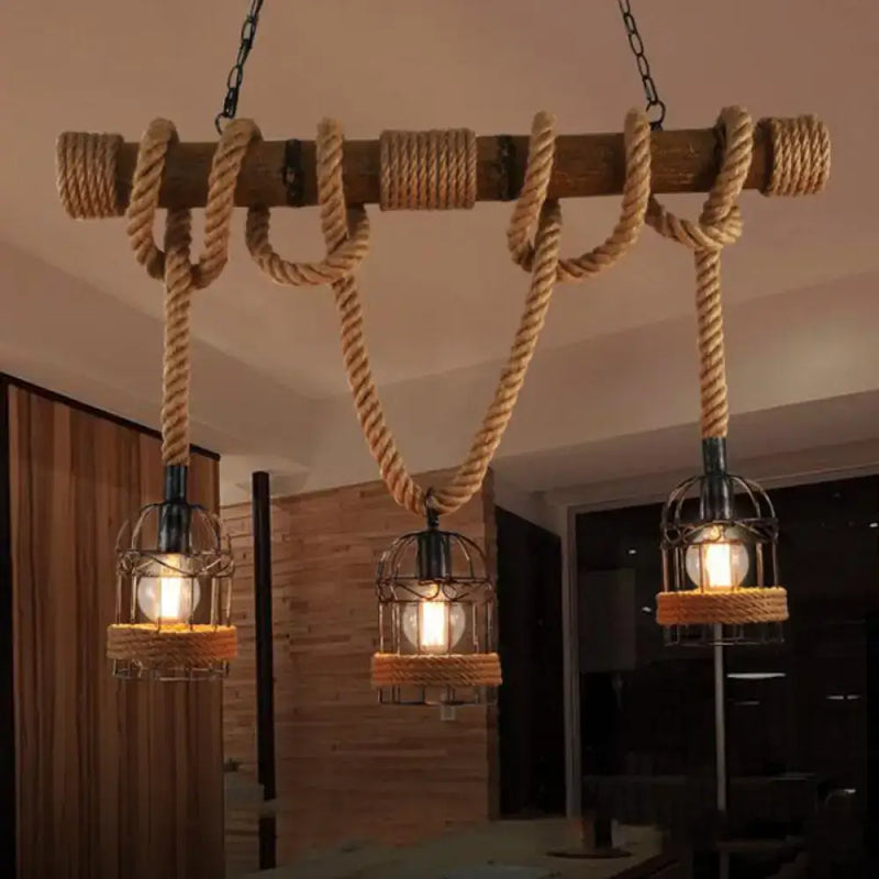 Rustic brown iron bird cage rope chandelier dining room pendant light