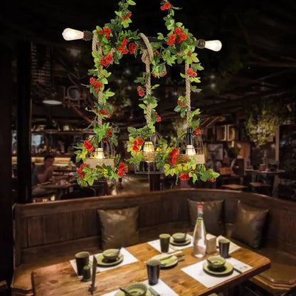 Rustic farmhouse metal island light with roses and vines dining room