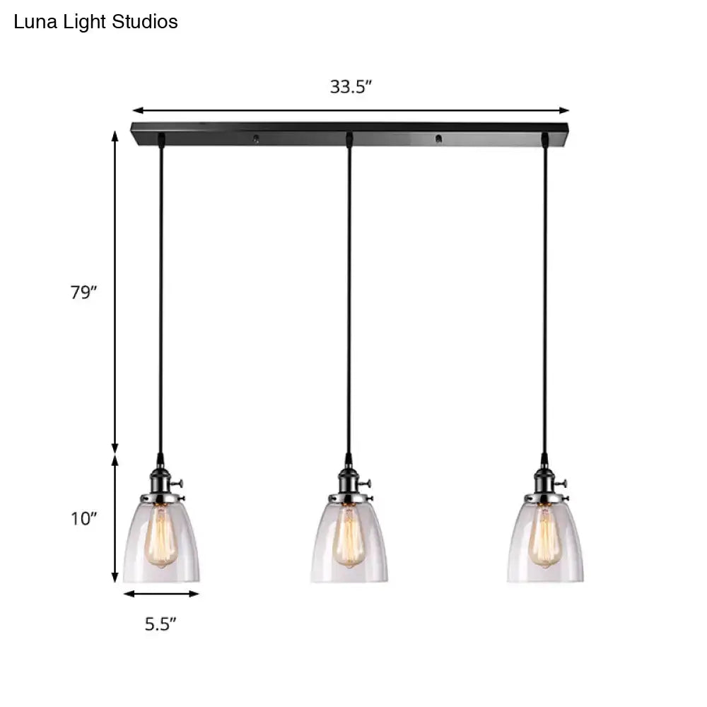 Farmhouse black 3 light clear glass pendant light dining room linear canopy