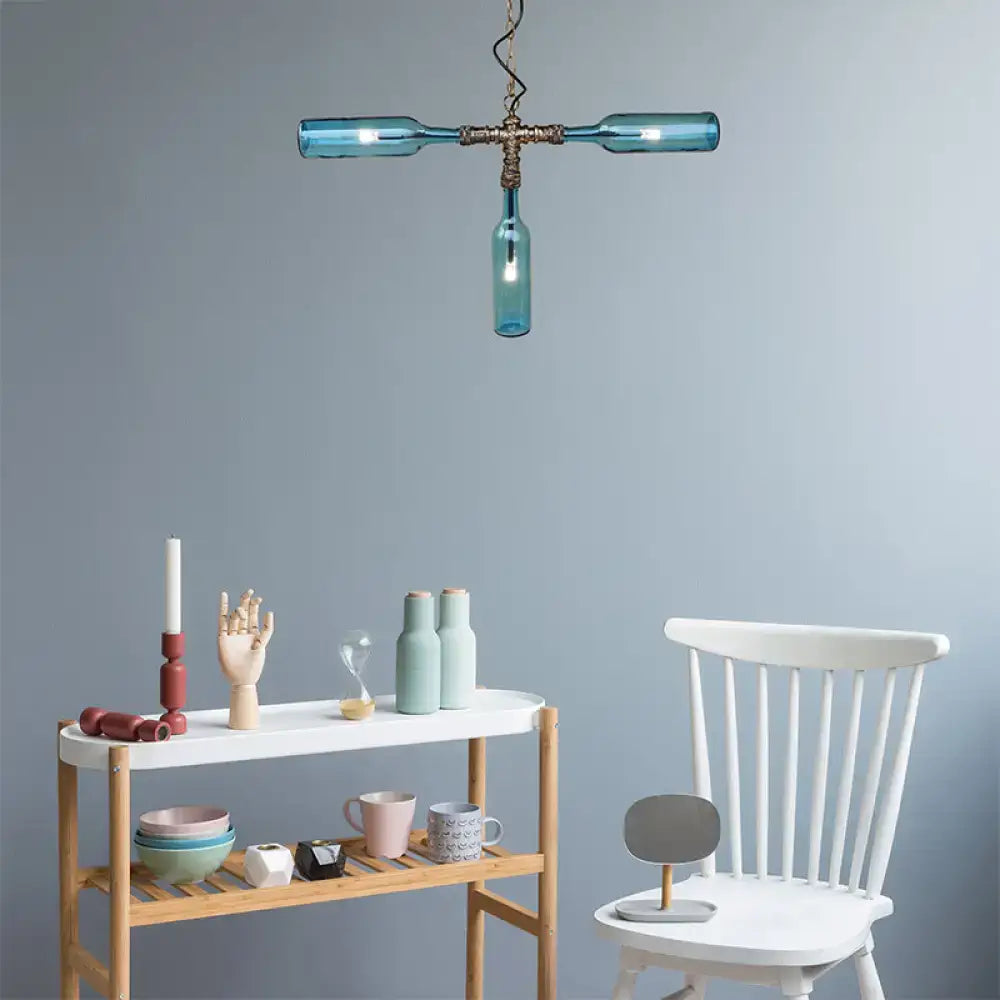 Farmhouse smoke gray blue bottle chandelier dining room aged silver
