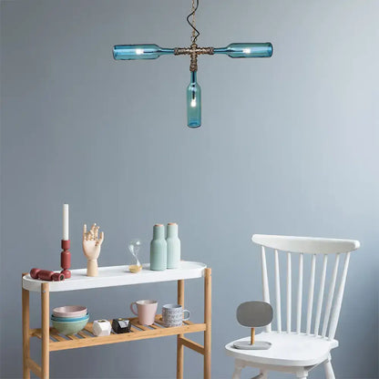 Farmhouse smoke gray blue bottle chandelier dining room aged silver