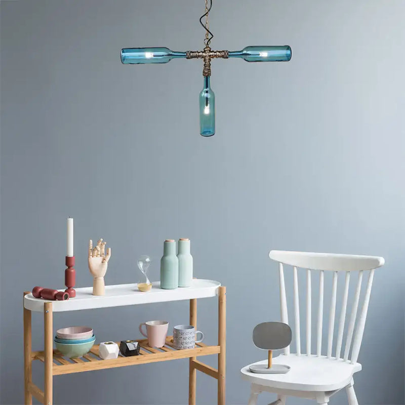 Farmhouse smoke gray blue bottle chandelier dining room aged silver