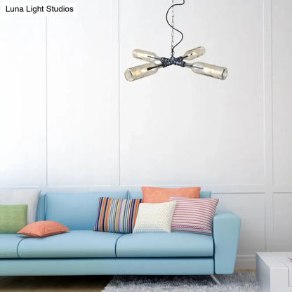 Farmhouse smoke gray blue bottle chandelier dining room aged silver