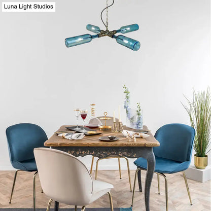 Farmhouse smoke gray blue bottle chandelier dining room aged silver