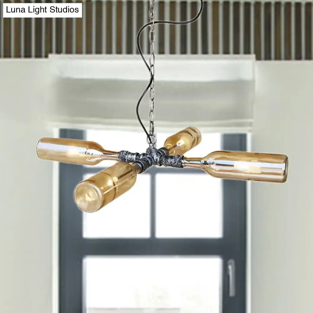 Farmhouse smoke gray blue bottle chandelier dining room aged silver
