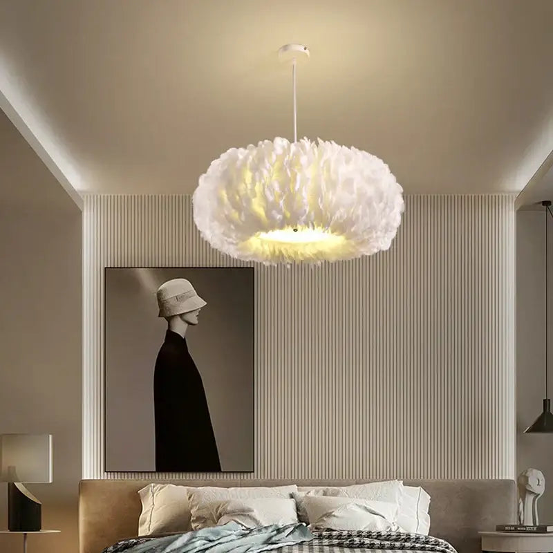 feather decor led chandelier white bedroom pendant light