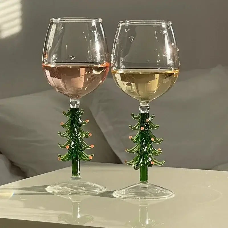 Festive green christmas wine glasses with tree stem dining room decor