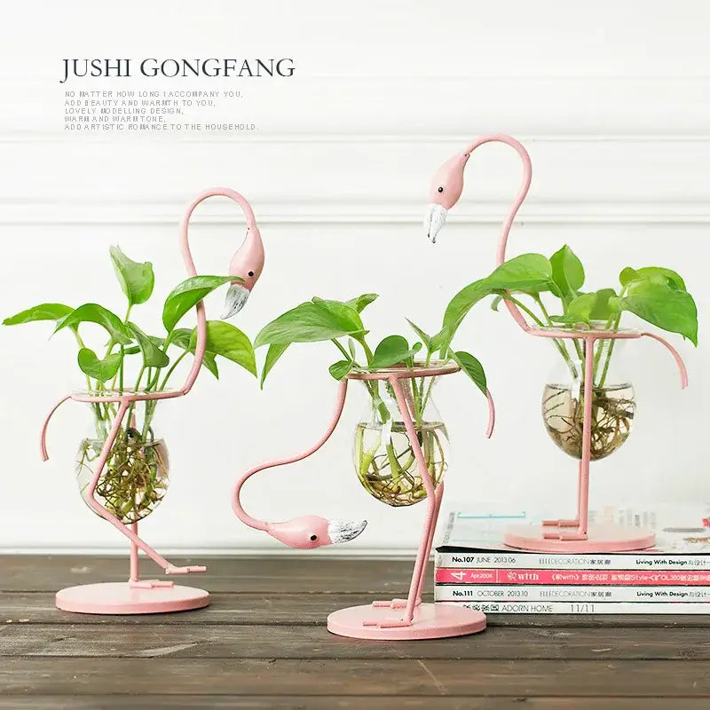 Gold flamingo metal vase with glass bowl living room home decor