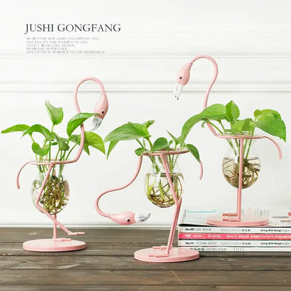 Gold flamingo metal vase with glass bowl living room home decor