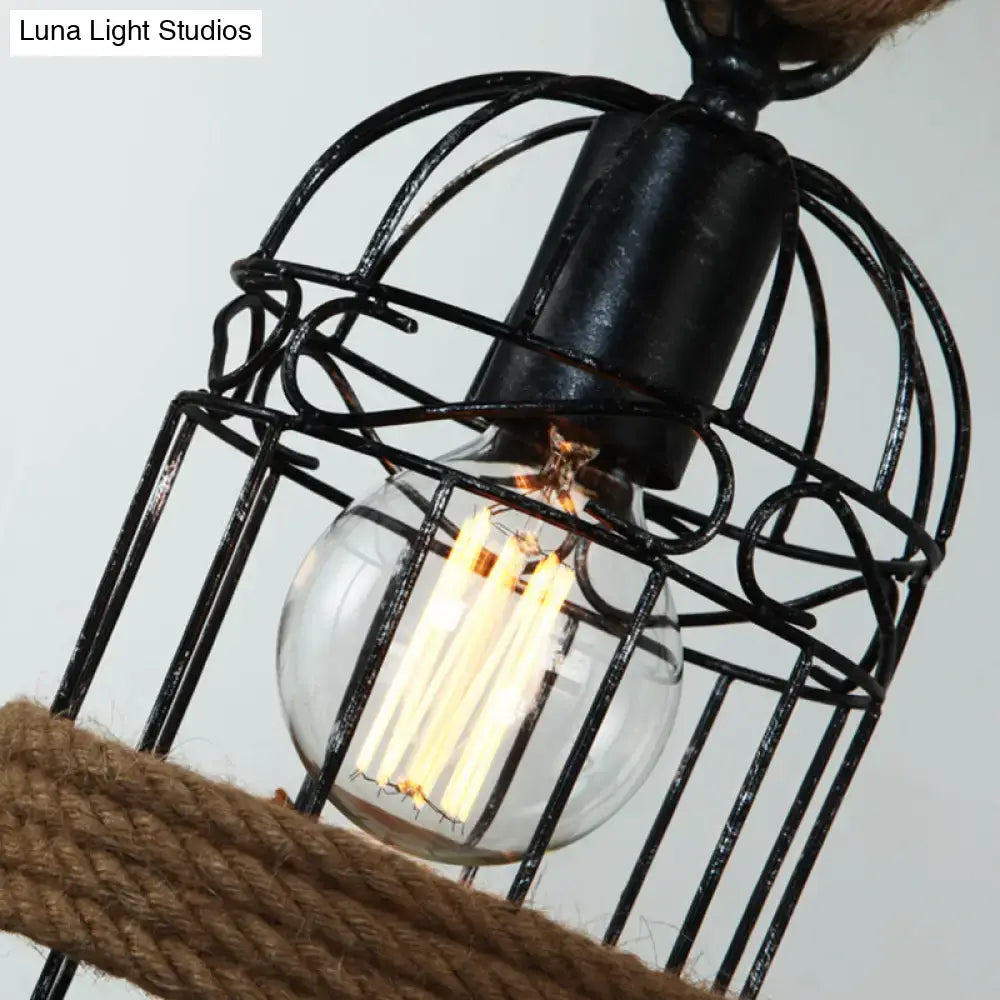 Rustic retro hemp rope birdcage ceiling light dining room 3 bulb
