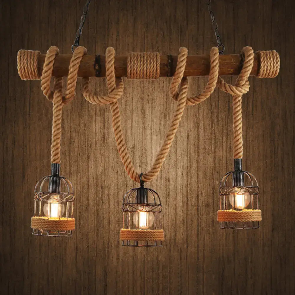 Rustic retro hemp rope birdcage ceiling light dining room 3 bulb