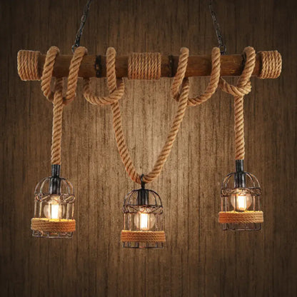 Rustic retro hemp rope birdcage ceiling light dining room 3 bulb