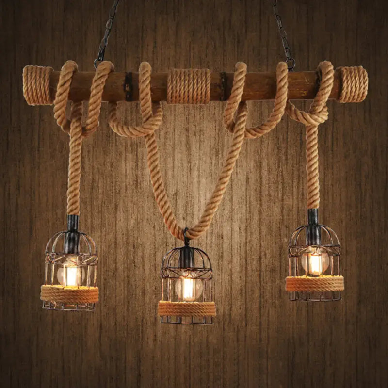Rustic retro hemp rope birdcage ceiling light dining room 3 bulb