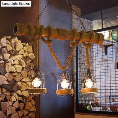 Rustic retro hemp rope birdcage ceiling light dining room 3 bulb