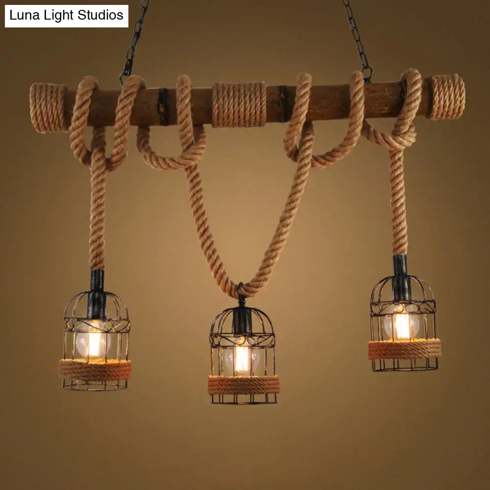 Rustic retro hemp rope birdcage ceiling light dining room 3 bulb