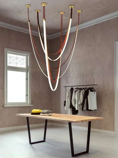 Modern double tiered led chandelier with flexible leather belt dining room light