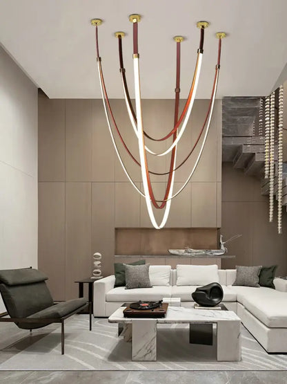 Modern double tiered led chandelier with flexible leather belt dining room light