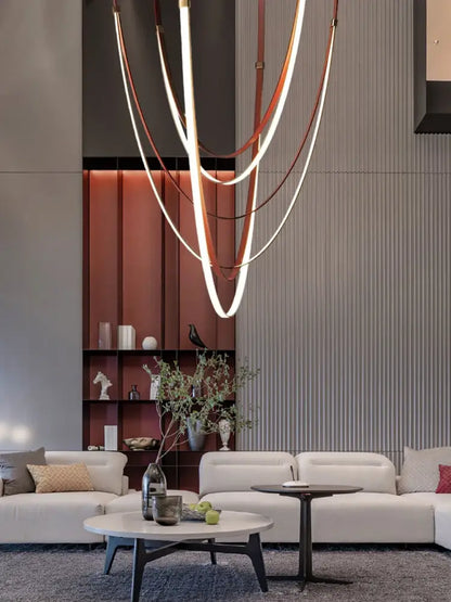 Modern minimalist double tiered flexible leather belt led chandelier living room