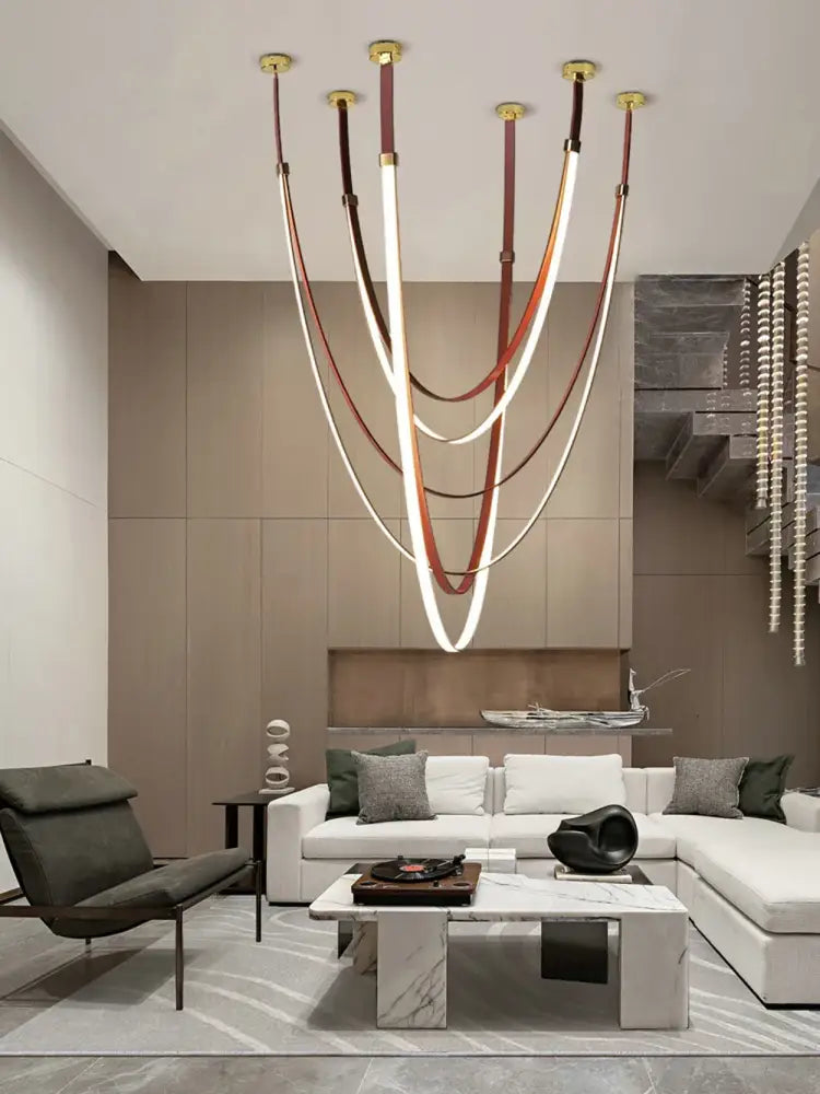 Modern double tiered flexible leather belt led chandelier dining room