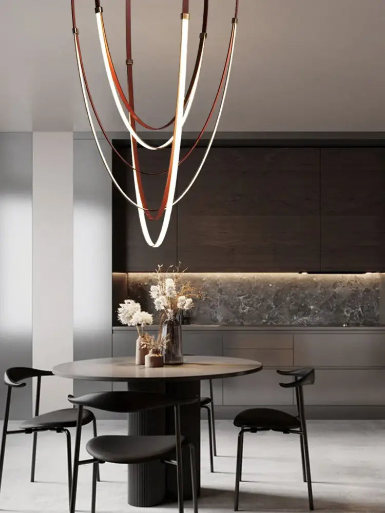 Modern double tiered flexible leather belt led chandelier dining room