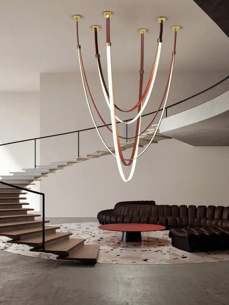 Modern double tiered flexible leather belt led chandelier dining room